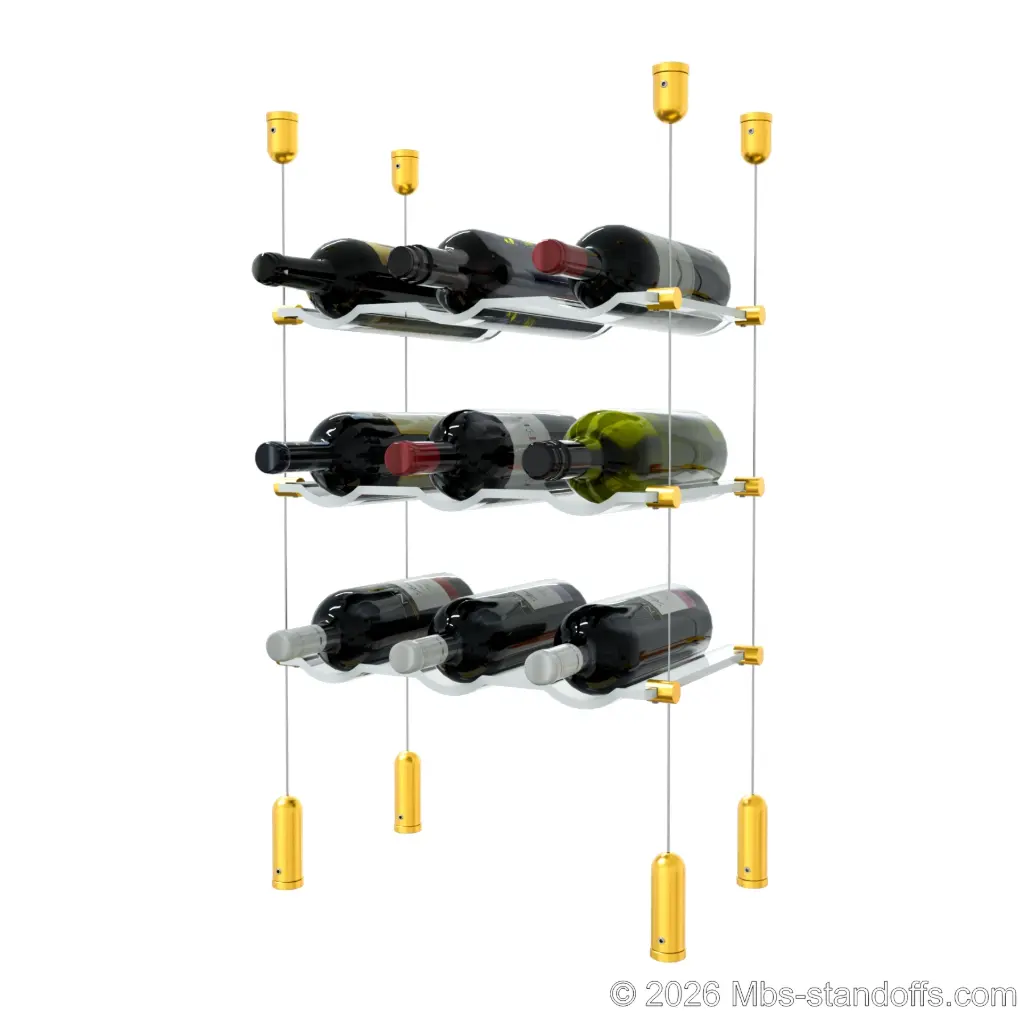 Viognier - Côte-Rôtie Collection Bottle Display Cable Cradle Kit, 9-Bottle (3x3) Capacity, Floating Cable System, 3-Bottle Wave Acrylic Cradle, Cable: 1/16″ Diameter, 13′-1″ Length with Gold Anodized Hanger