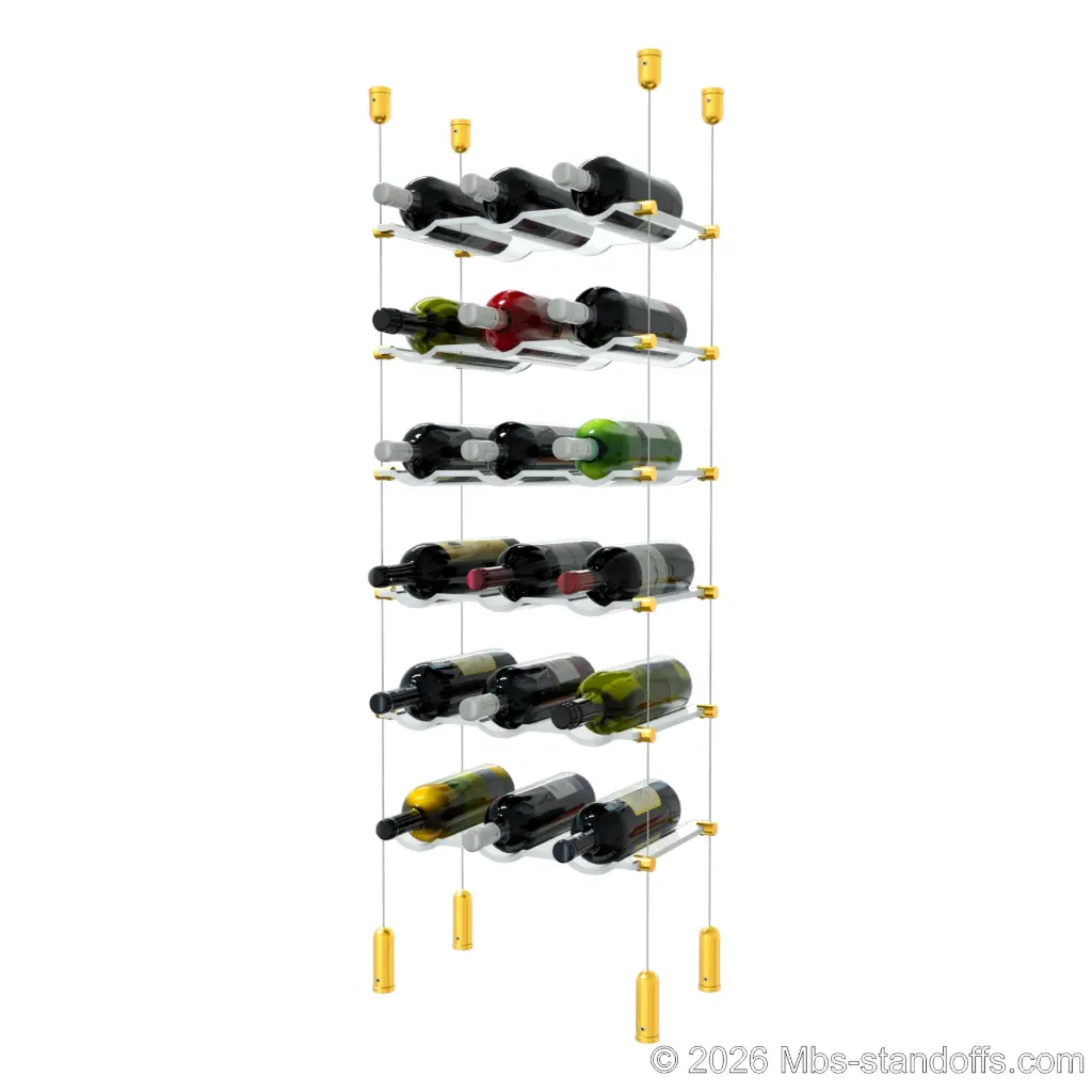 Viognier - Côte-Rôtie Collection Bottle Display Cable Cradle Kit, 18-Bottle (3x6) Capacity, Floating Cable System, 3-Bottle Wave Acrylic Cradle, Cable: 1/16″ Diameter, 13′-1″ Length with Gold Anodized Hanger