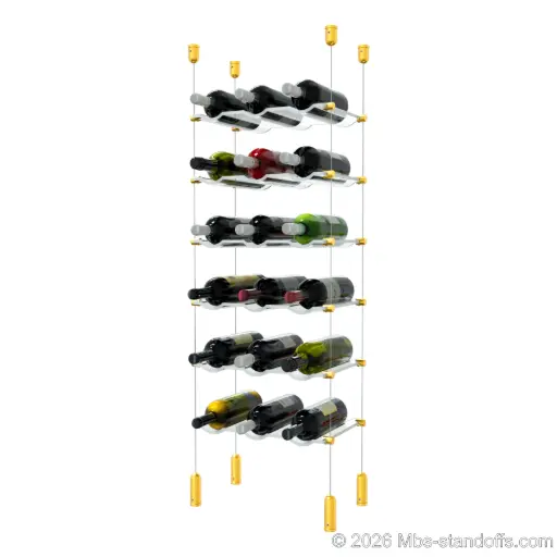 [ACG1904G-CW03-K6] Viognier - Côte-Rôtie Collection Bottle Display Cable Cradle Kit, 18-Bottle (3x6) Capacity, Floating Cable System, 3-Bottle Wave Acrylic Cradle, Cable: 1/16″ Diameter, 13′-1″ Length with Gold Anodized Hanger