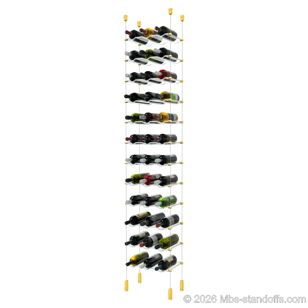 Viognier - Côte-Rôtie Collection Bottle Display Cable Cradle Kit, 36-Bottle (3x12) Capacity, Floating Cable System, 3-Bottle Wave Acrylic Cradle, Cable: 1/16″ Diameter, 13′-1″ Length with Gold Anodized Hanger