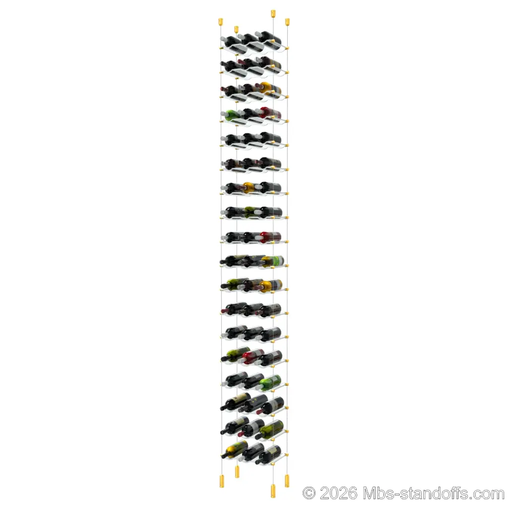 Viognier - Côte-Rôtie Collection Bottle Display Cable Cradle Kit, 54-Bottle (3x18) Capacity, Floating Cable System, 3-Bottle Wave Acrylic Cradle, Cable: 1/16″ Diameter, 13′-1″ Length with Gold Anodized Hanger