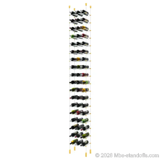 [ACG1904G-CW03-K18] Viognier - Côte-Rôtie Collection Bottle Display Cable Cradle Kit, 54-Bottle (3x18) Capacity, Floating Cable System, 3-Bottle Wave Acrylic Cradle, Cable: 1/16″ Diameter, 13′-1″ Length with Gold Anodized Hanger
