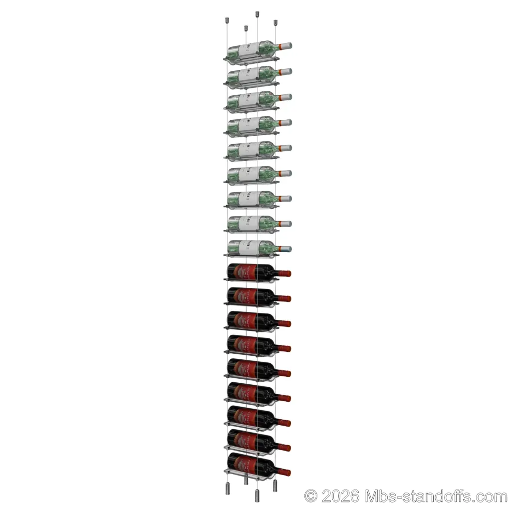 Viognier - Côte-Rôtie Collection Bottle Display Cable Cradle Kit, 18-Bottle Capacity, Floating Cable System, 1-Bottle Wave Acrylic Cradle, Cable: 1/16″ Diameter, 13′-1″ Length with Chrome Mirror Hanger