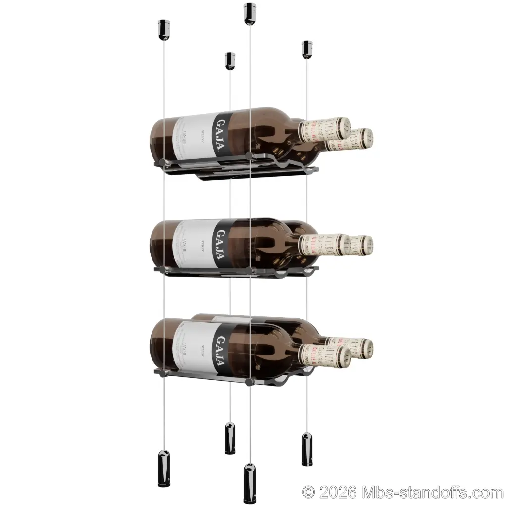 Viognier - Côte-Rôtie Collection Bottle Display Cable Cradle Kit, 6-Bottle (2x3) Capacity, Floating Cable System, 2-Bottle Wave Acrylic Cradle, Cable: 1/16″ Diameter, 13′-1″ Length with Chrome Mirror Hanger