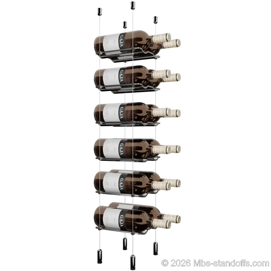 Viognier - Côte-Rôtie Collection Bottle Display Cable Cradle Kit, 12-Bottle (2x6) Capacity, Floating Cable System, 2-Bottle Wave Acrylic Cradle, Cable: 1/16″ Diameter, 13′-1″ Length with Chrome Mirror Hanger
