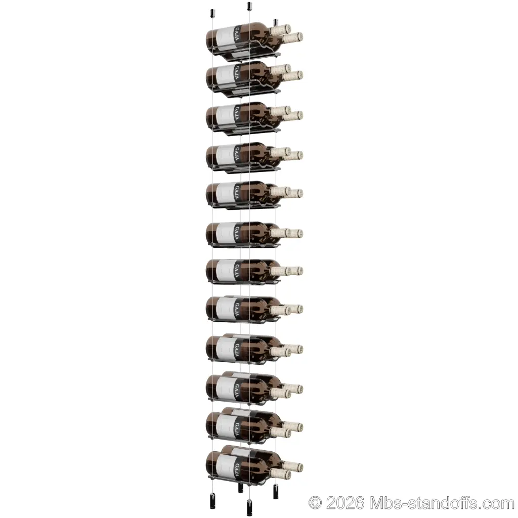 Viognier - Côte-Rôtie Collection Bottle Display Cable Cradle Kit, 24-Bottle (2x12) Capacity, Floating Cable System, 2-Bottle Wave Acrylic Cradle, Cable: 1/16″ Diameter, 13′-1″ Length with Chrome Mirror Hanger