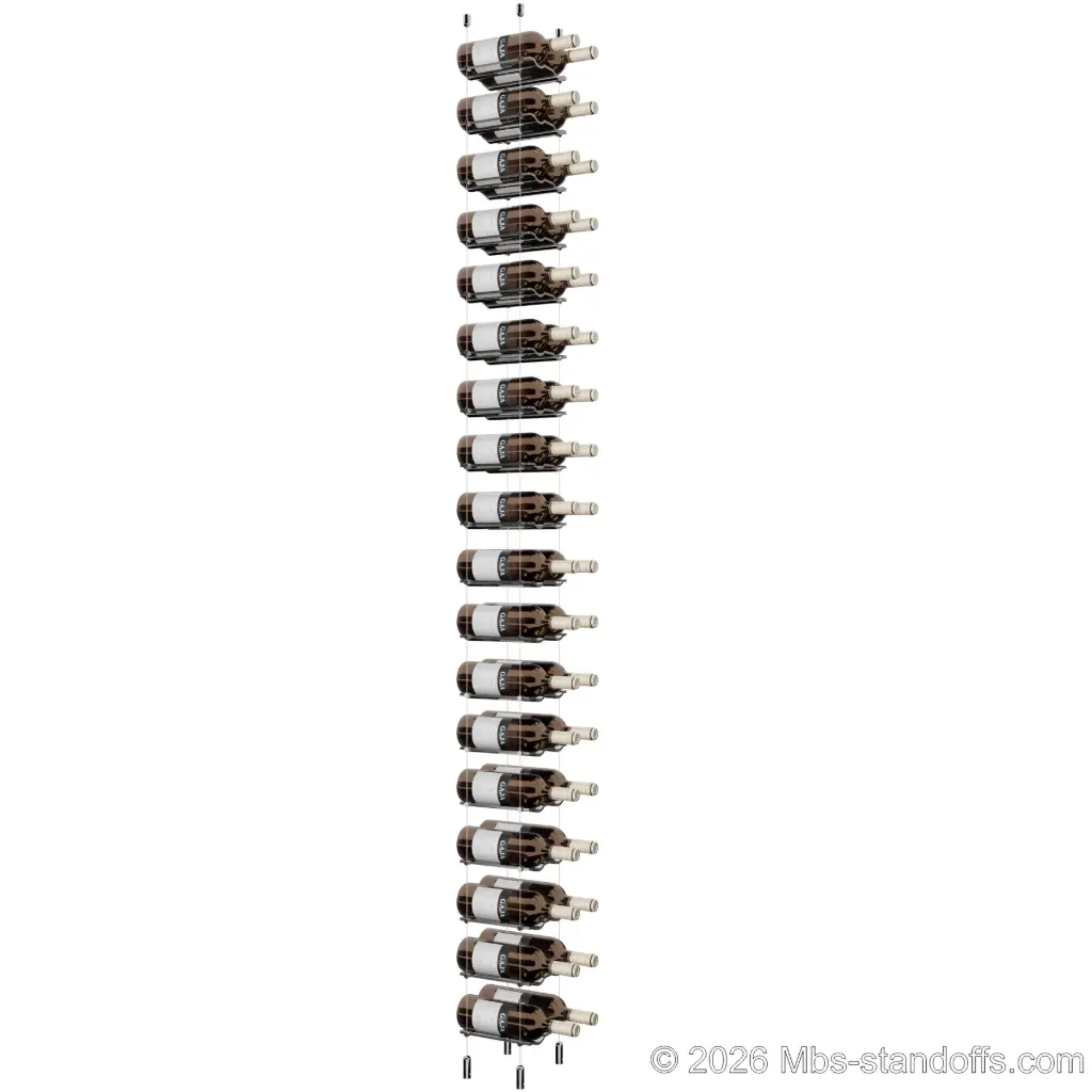 Viognier - Côte-Rôtie Collection Bottle Display Cable Cradle Kit, 36-Bottle (2x18) Capacity, Floating Cable System, 2-Bottle Wave Acrylic Cradle, Cable: 1/16″ Diameter, 13′-1″ Length with Chrome Mirror Hanger