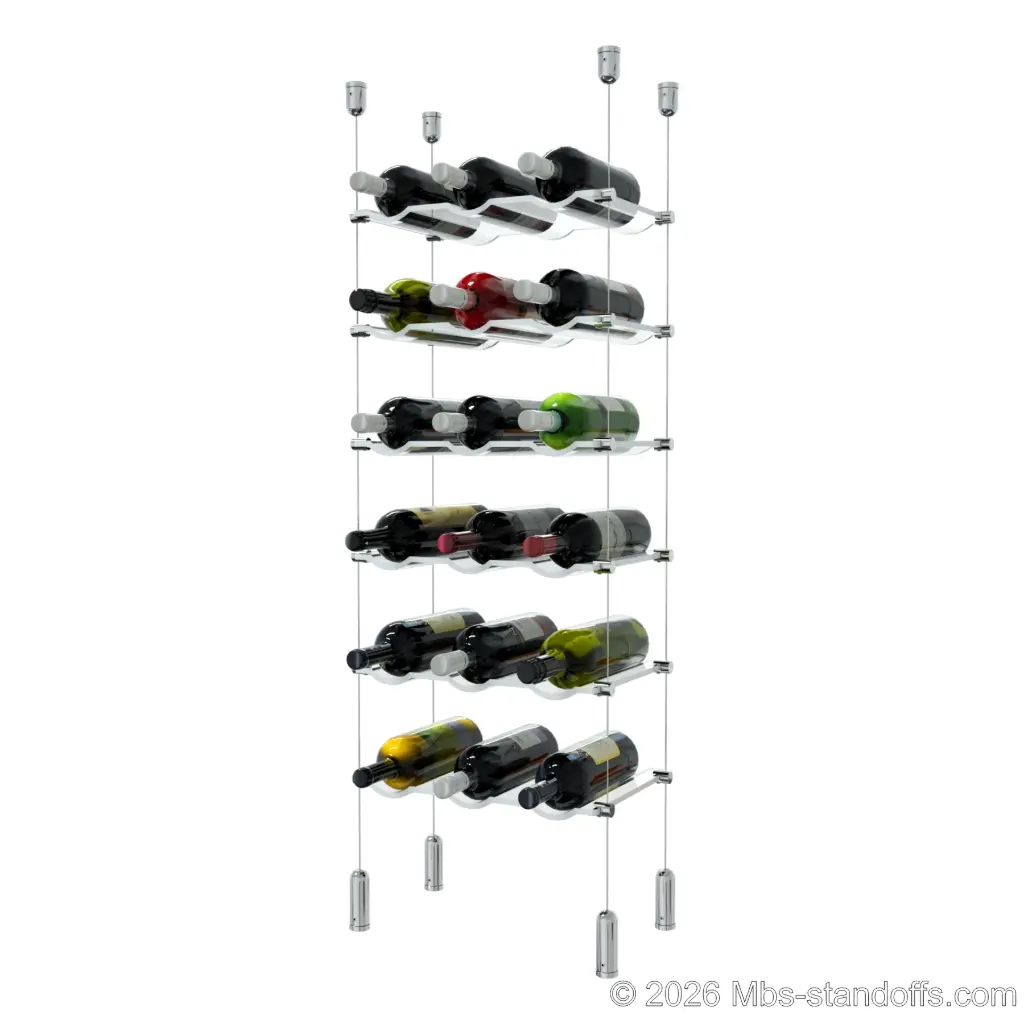 Viognier - Côte-Rôtie Collection Bottle Display Cable Cradle Kit, 18-Bottle (3x6) Capacity, Floating Cable System, 3-Bottle Wave Acrylic Cradle, Cable: 1/16″ Diameter, 13′-1″ Length with Chrome Mirror Hanger