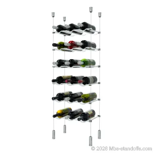 [ACG1904CP-CW03-K6] Viognier - Côte-Rôtie Collection Bottle Display Cable Cradle Kit, 18-Bottle (3x6) Capacity, Floating Cable System, 3-Bottle Wave Acrylic Cradle, Cable: 1/16″ Diameter, 13′-1″ Length with Chrome Mirror Hanger