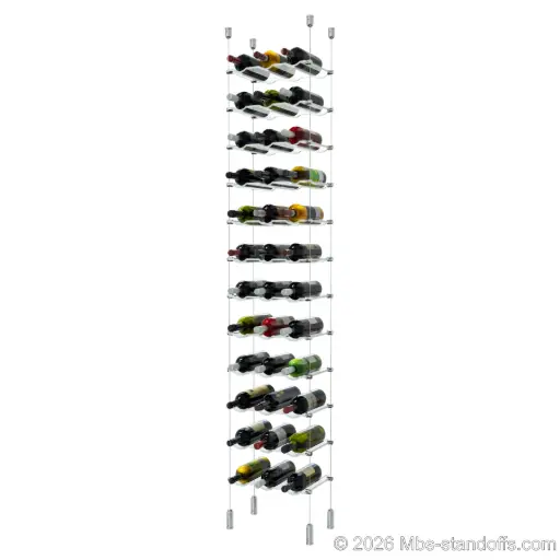 [ACG1904CP-CW03-K12] Viognier - Côte-Rôtie Collection Bottle Display Cable Cradle Kit, 36-Bottle (3x12) Capacity, Floating Cable System, 3-Bottle Wave Acrylic Cradle, Cable: 1/16″ Diameter, 13′-1″ Length with Chrome Mirror Hanger