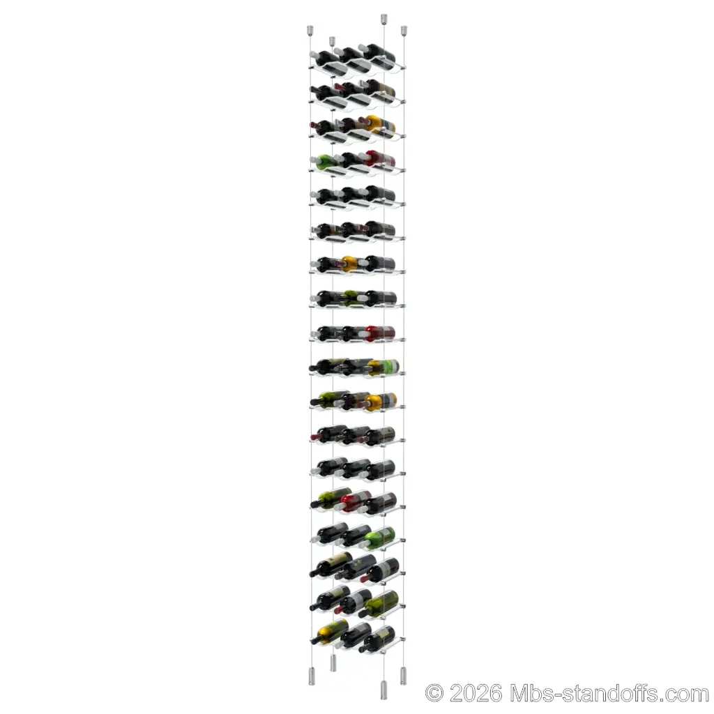 Viognier - Côte-Rôtie Collection Bottle Display Cable Cradle Kit, 54-Bottle (3x18) Capacity, Floating Cable System, 3-Bottle Wave Acrylic Cradle, Cable: 1/16″ Diameter, 13′-1″ Length with Chrome Mirror Hanger