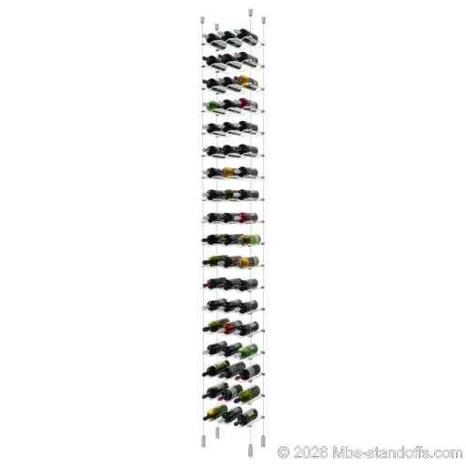 [ACG1904CP-CW03-K18] Viognier - Côte-Rôtie Collection Bottle Display Cable Cradle Kit, 54-Bottle (3x18) Capacity, Floating Cable System, 3-Bottle Wave Acrylic Cradle, Cable: 1/16″ Diameter, 13′-1″ Length with Chrome Mirror Hanger