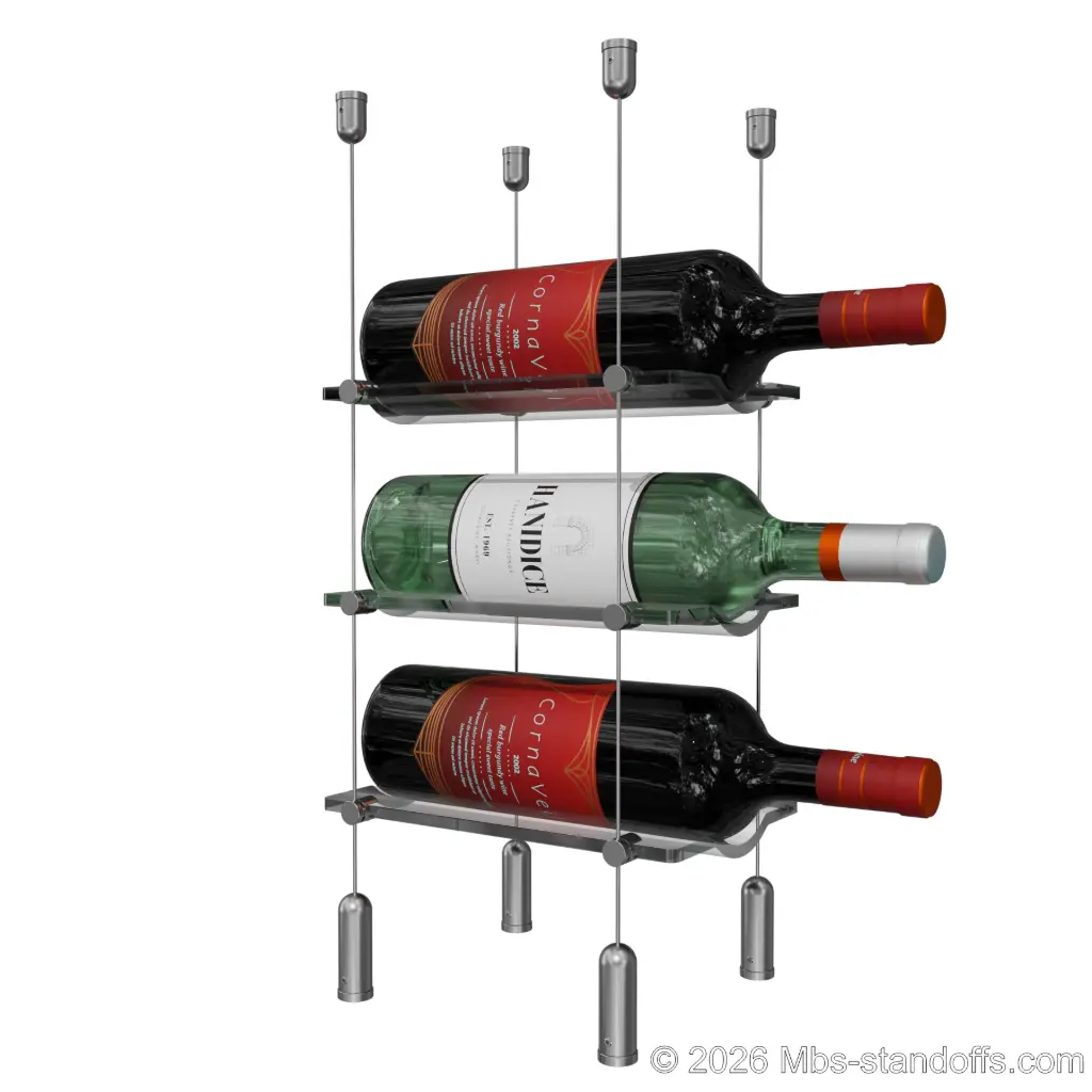 Viognier - Côte-Rôtie Collection Bottle Display Cable Cradle Kit, 3-Bottle Capacity, Floating Cable System, 1-Bottle Wave Acrylic Cradle, Cable: 1/16″ Diameter, 13′-1″ Length with Satin Brushed Hanger