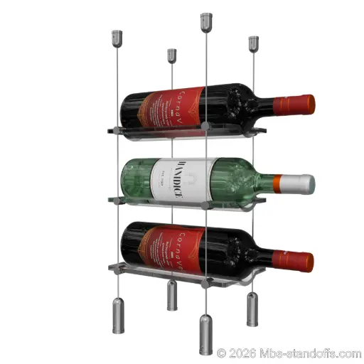 [SCG1904-CW01-K3] Viognier - Côte-Rôtie Collection Bottle Display Cable Cradle Kit, 3-Bottle Capacity, Floating Cable System, 1-Bottle Wave Acrylic Cradle, Cable: 1/16″ Diameter, 13′-1″ Length with Satin Brushed Hanger