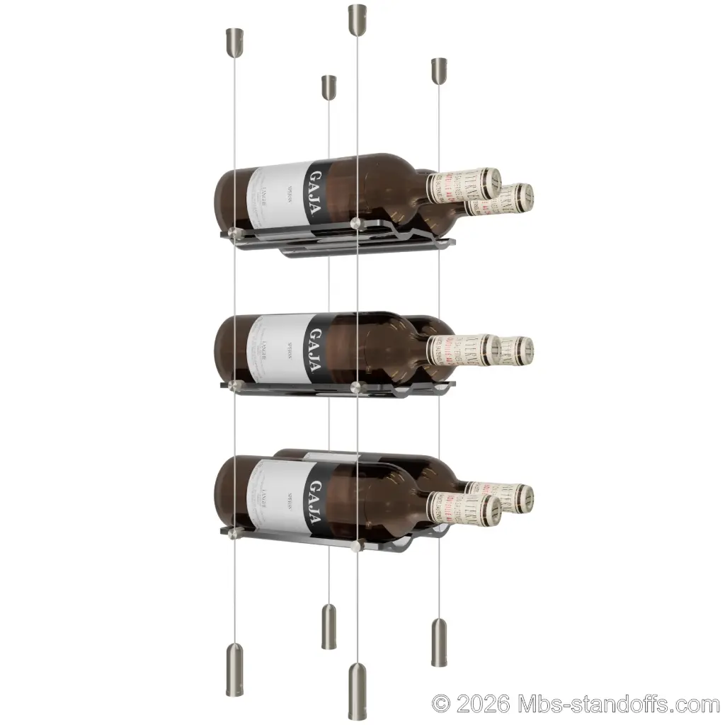 Viognier - Côte-Rôtie Collection Bottle Display Cable Cradle Kit, 6-Bottle (2x3) Capacity, Floating Cable System, 2-Bottle Wave Acrylic Cradle, Cable: 1/16″ Diameter, 13′-1″ Length with Satin Brushed Hanger