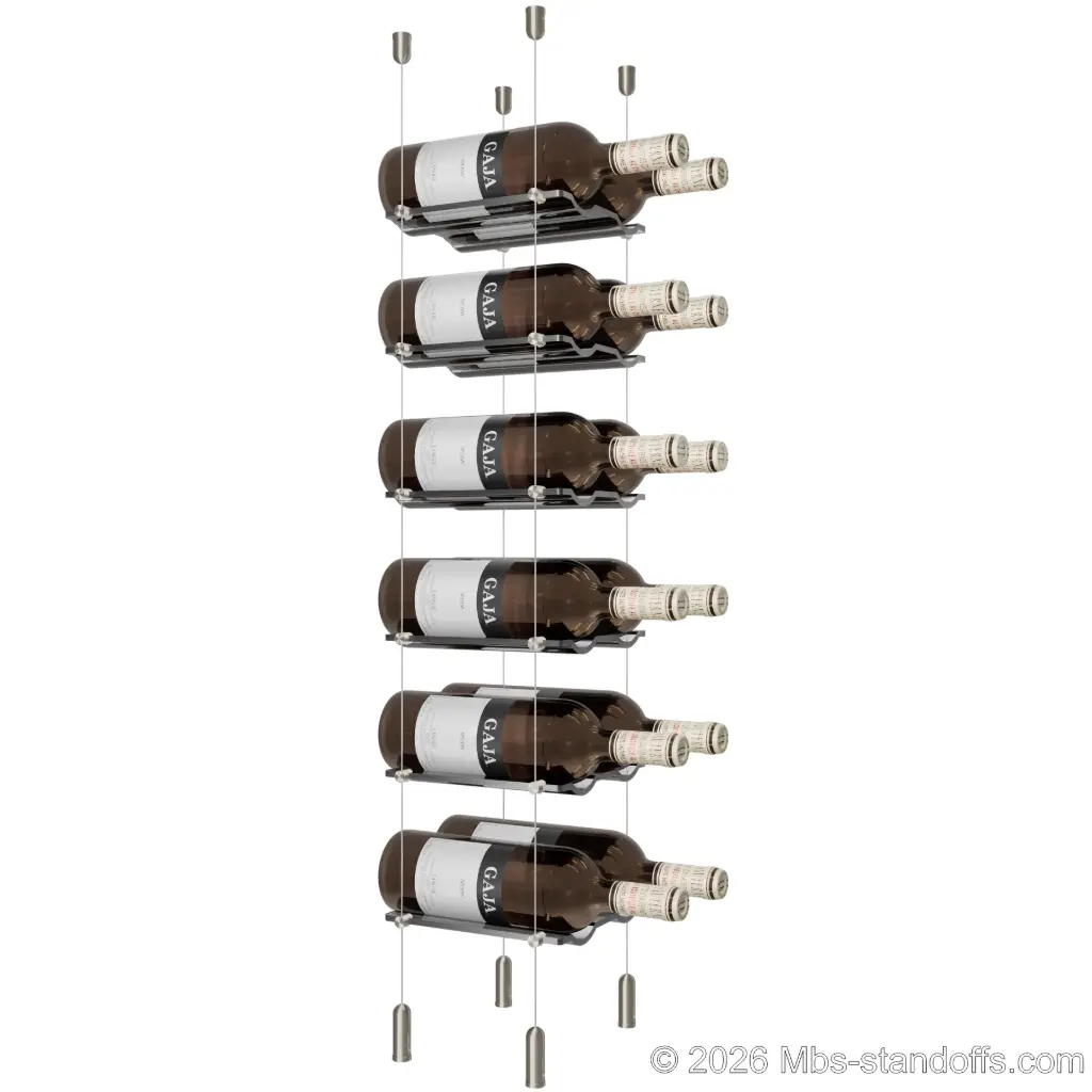 Viognier - Côte-Rôtie Collection Bottle Display Cable Cradle Kit, 12-Bottle (2x6) Capacity, Floating Cable System, 2-Bottle Wave Acrylic Cradle, Cable: 1/16″ Diameter, 13′-1″ Length with Satin Brushed Hanger