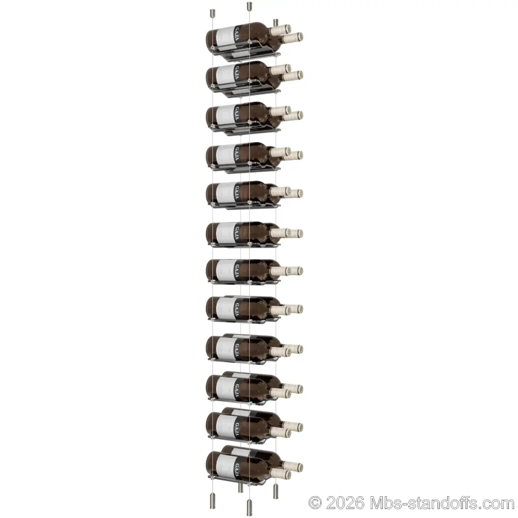 Viognier - Côte-Rôtie Collection Bottle Display Cable Cradle Kit, 24-Bottle (2x12) Capacity, Floating Cable System, 2-Bottle Wave Acrylic Cradle, Cable: 1/16″ Diameter, 13′-1″ Length with Satin Brushed Hanger