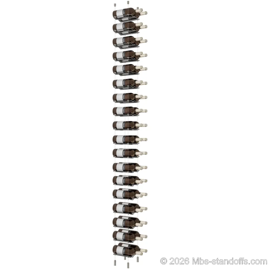 Viognier - Côte-Rôtie Collection Bottle Display Cable Cradle Kit, 36-Bottle (2x18) Capacity, Floating Cable System, 2-Bottle Wave Acrylic Cradle, Cable: 1/16″ Diameter, 13′-1″ Length with Satin Brushed Hanger