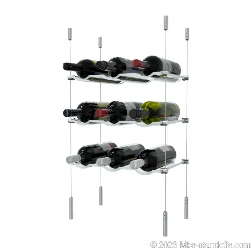 [SCG1904-CW03-K3] Viognier - Côte-Rôtie Collection Bottle Display Cable Cradle Kit, 9-Bottle (3x3) Capacity, Floating Cable System, 3-Bottle Wave Acrylic Cradle, Cable: 1/16″ Diameter, 13′-1″ Length with Satin Brushed Hanger
