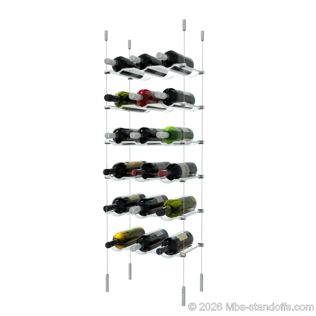 Viognier - Côte-Rôtie Collection Bottle Display Cable Cradle Kit, 18-Bottle (3x6) Capacity, Floating Cable System, 3-Bottle Wave Acrylic Cradle, Cable: 1/16″ Diameter, 13′-1″ Length with Satin Brushed Hanger