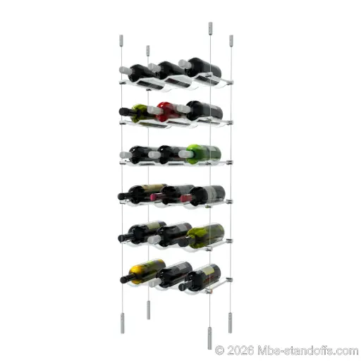 [SCG1904-CW03-K6] Viognier - Côte-Rôtie Collection Bottle Display Cable Cradle Kit, 18-Bottle (3x6) Capacity, Floating Cable System, 3-Bottle Wave Acrylic Cradle, Cable: 1/16″ Diameter, 13′-1″ Length with Satin Brushed Hanger