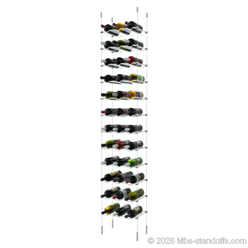 Viognier - Côte-Rôtie Collection Bottle Display Cable Cradle Kit, 36-Bottle (3x12) Capacity, Floating Cable System, 3-Bottle Wave Acrylic Cradle, Cable: 1/16″ Diameter, 13′-1″ Length with Satin Brushed Hanger