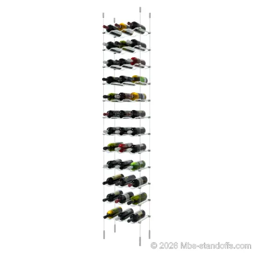 [SCG1904-CW03-K12] Viognier - Côte-Rôtie Collection Bottle Display Cable Cradle Kit, 36-Bottle (3x12) Capacity, Floating Cable System, 3-Bottle Wave Acrylic Cradle, Cable: 1/16″ Diameter, 13′-1″ Length with Satin Brushed Hanger