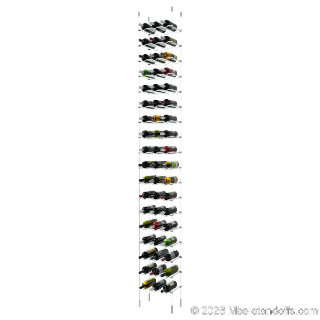Viognier - Côte-Rôtie Collection Bottle Display Cable Cradle Kit, 54-Bottle (3x18) Capacity, Floating Cable System, 3-Bottle Wave Acrylic Cradle, Cable: 1/16″ Diameter, 13′-1″ Length with Satin Brushed Hanger