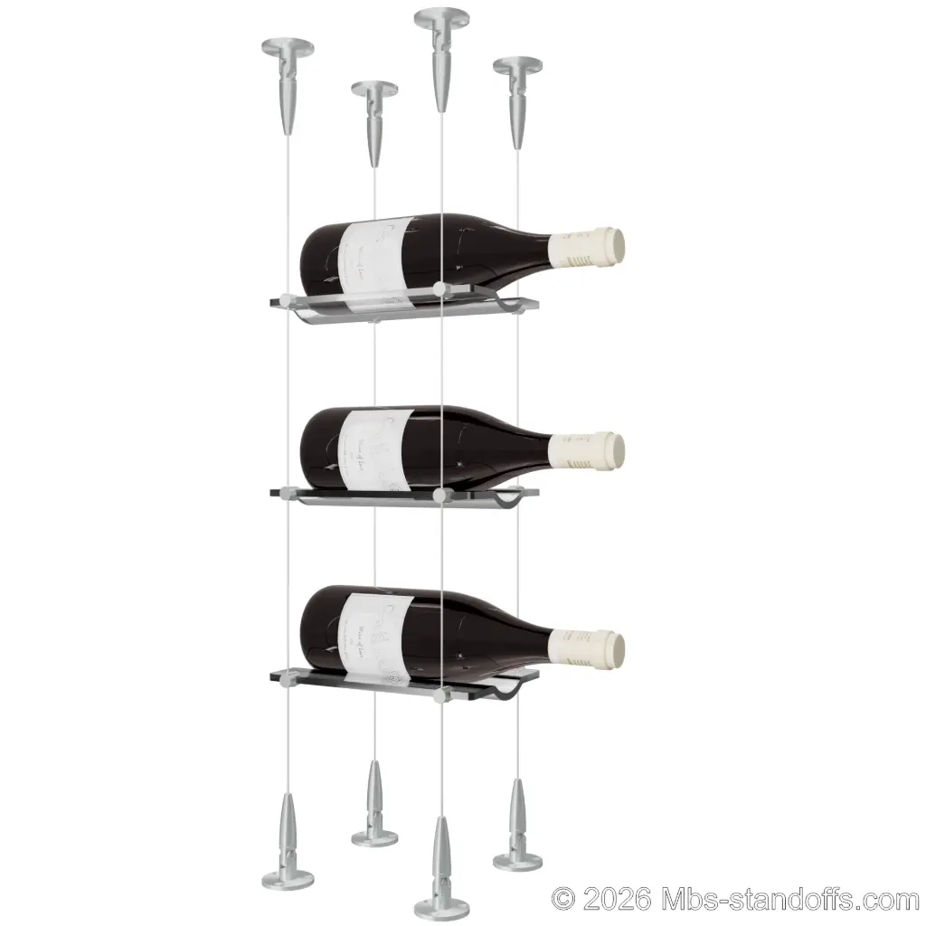 Viognier - Condrieu Collection Bottle Display Cable Cradle Kit, 3-Bottle Capacity, Floating Cable System, 1-Bottle Wave Acrylic Cradle, Cable: 1/16″ Diameter, 13′-1″ Length with Clear Anodized Hanger