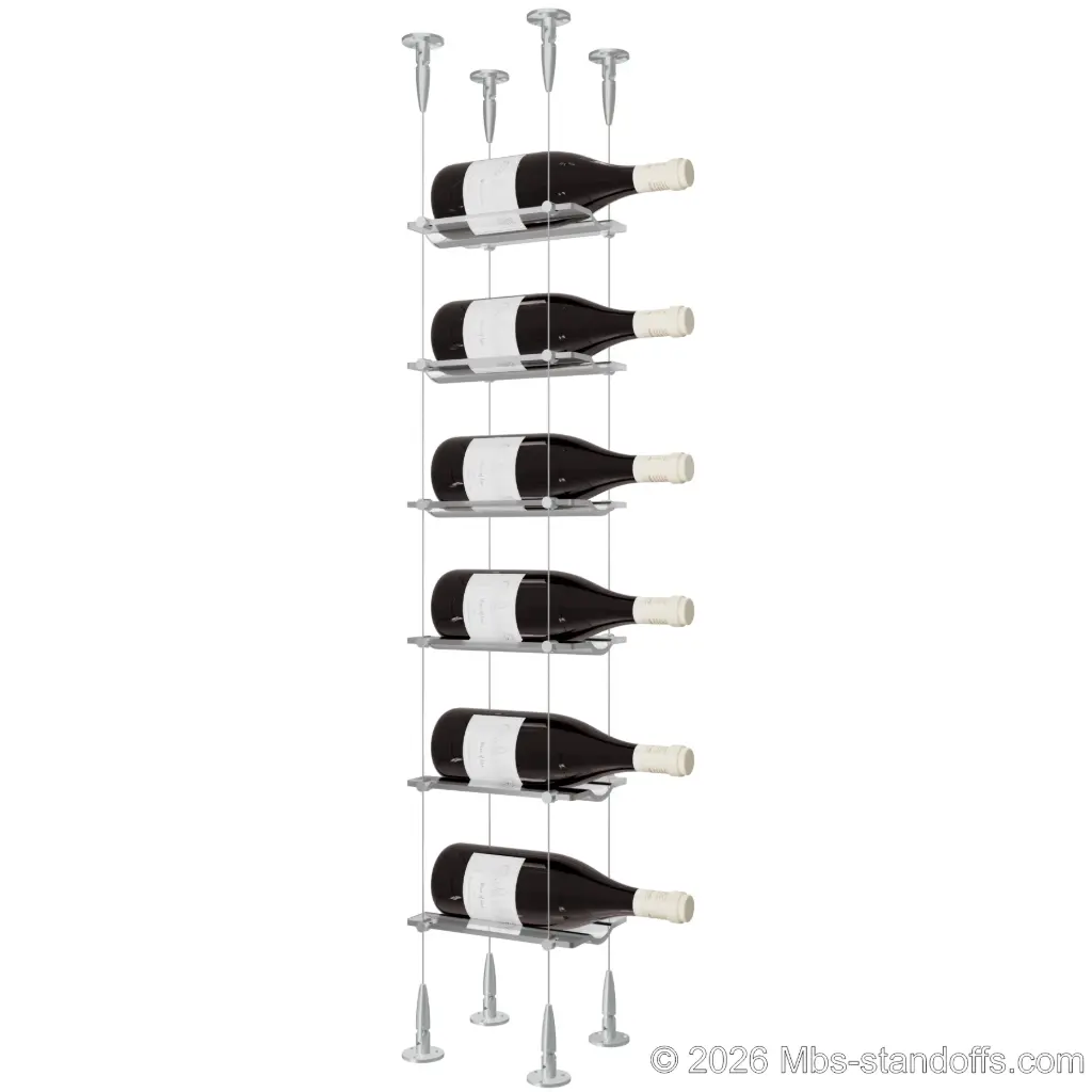 Viognier - Condrieu Collection Bottle Display Cable Cradle Kit, 6-Bottle Capacity, Floating Cable System, 1-Bottle Wave Acrylic Cradle, Cable: 1/16″ Diameter, 13′-1″ Length with Clear Anodized Hanger