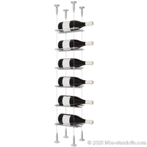 [SCS15A-CW01-K6] Viognier - Condrieu Collection Bottle Display Cable Cradle Kit, 6-Bottle Capacity, Floating Cable System, 1-Bottle Wave Acrylic Cradle, Cable: 1/16″ Diameter, 13′-1″ Length with Clear Anodized Hanger