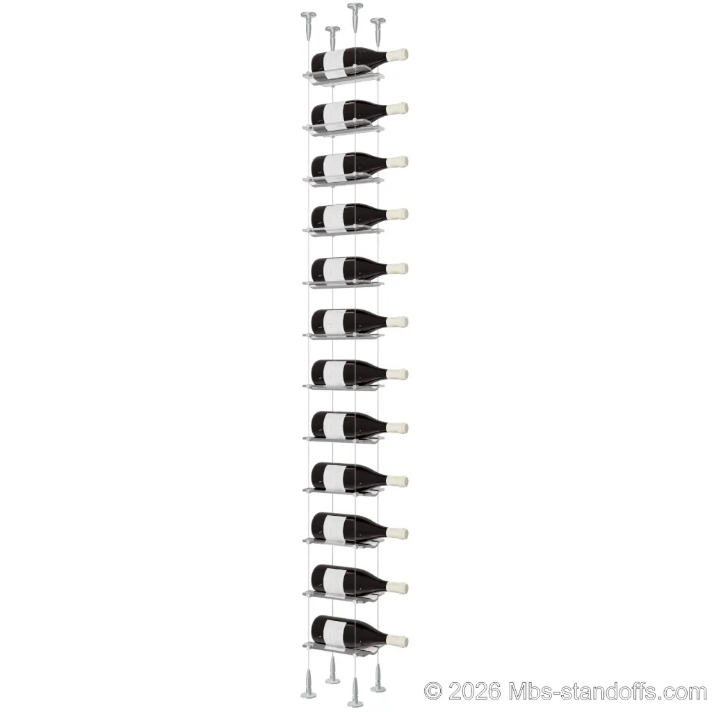 Viognier - Condrieu Collection Bottle Display Cable Cradle Kit, 12-Bottle Capacity, Floating Cable System, 1-Bottle Wave Acrylic Cradle, Cable: 1/16″ Diameter, 13′-1″ Length with Clear Anodized Hanger
