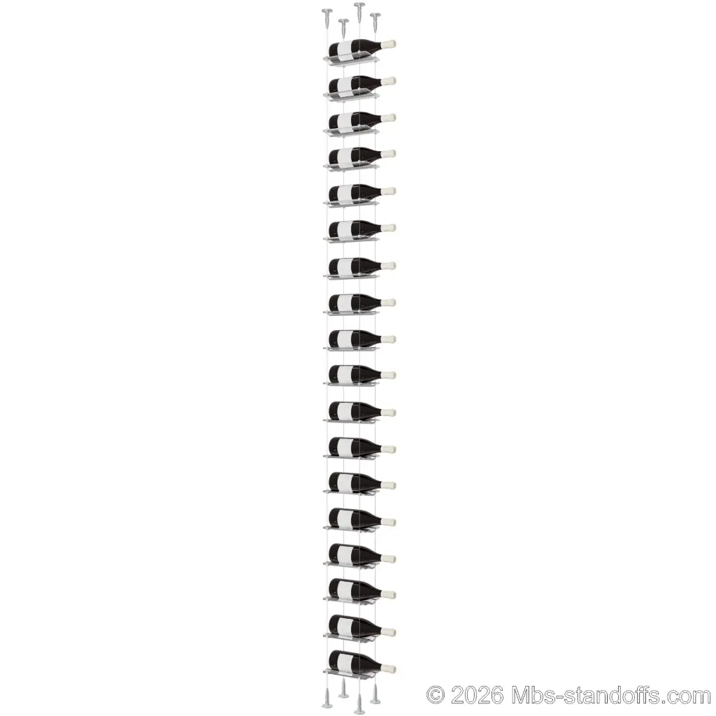 Viognier - Condrieu Collection Bottle Display Cable Cradle Kit, 18-Bottle Capacity, Floating Cable System, 1-Bottle Wave Acrylic Cradle, Cable: 1/16″ Diameter, 13′-1″ Length with Clear Anodized Hanger