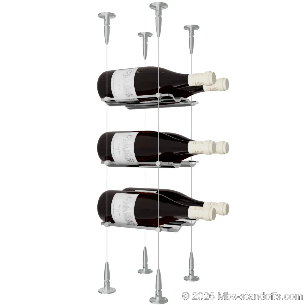 Viognier - Condrieu Collection Bottle Display Cable Cradle Kit, 6-Bottle (2x3) Capacity, Floating Cable System, 2-Bottle Wave Acrylic Cradle, Cable: 1/16″ Diameter, 13′-1″ Length with Clear Anodized Hanger