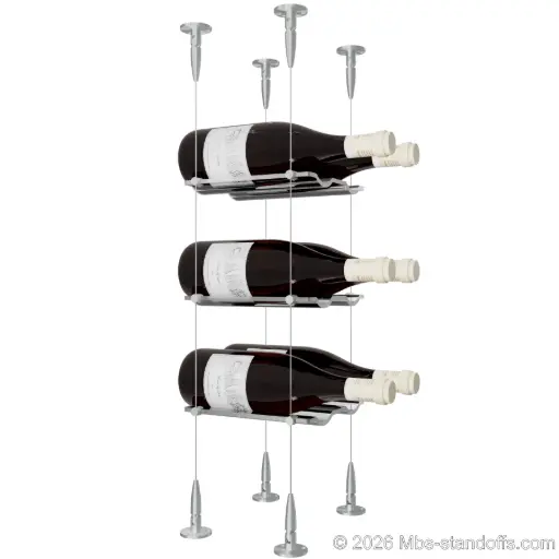 [SCS15A-CW02-K3] Viognier - Condrieu Collection Bottle Display Cable Cradle Kit, 6-Bottle (2x3) Capacity, Floating Cable System, 2-Bottle Wave Acrylic Cradle, Cable: 1/16″ Diameter, 13′-1″ Length with Clear Anodized Hanger