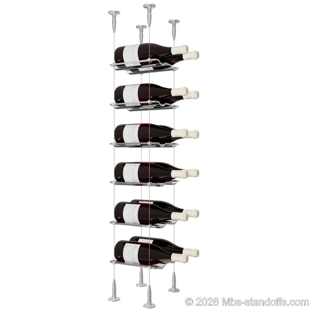 Viognier - Condrieu Collection Bottle Display Cable Cradle Kit, 12-Bottle (2x6) Capacity, Floating Cable System, 2-Bottle Wave Acrylic Cradle, Cable: 1/16″ Diameter, 13′-1″ Length with Clear Anodized Hanger