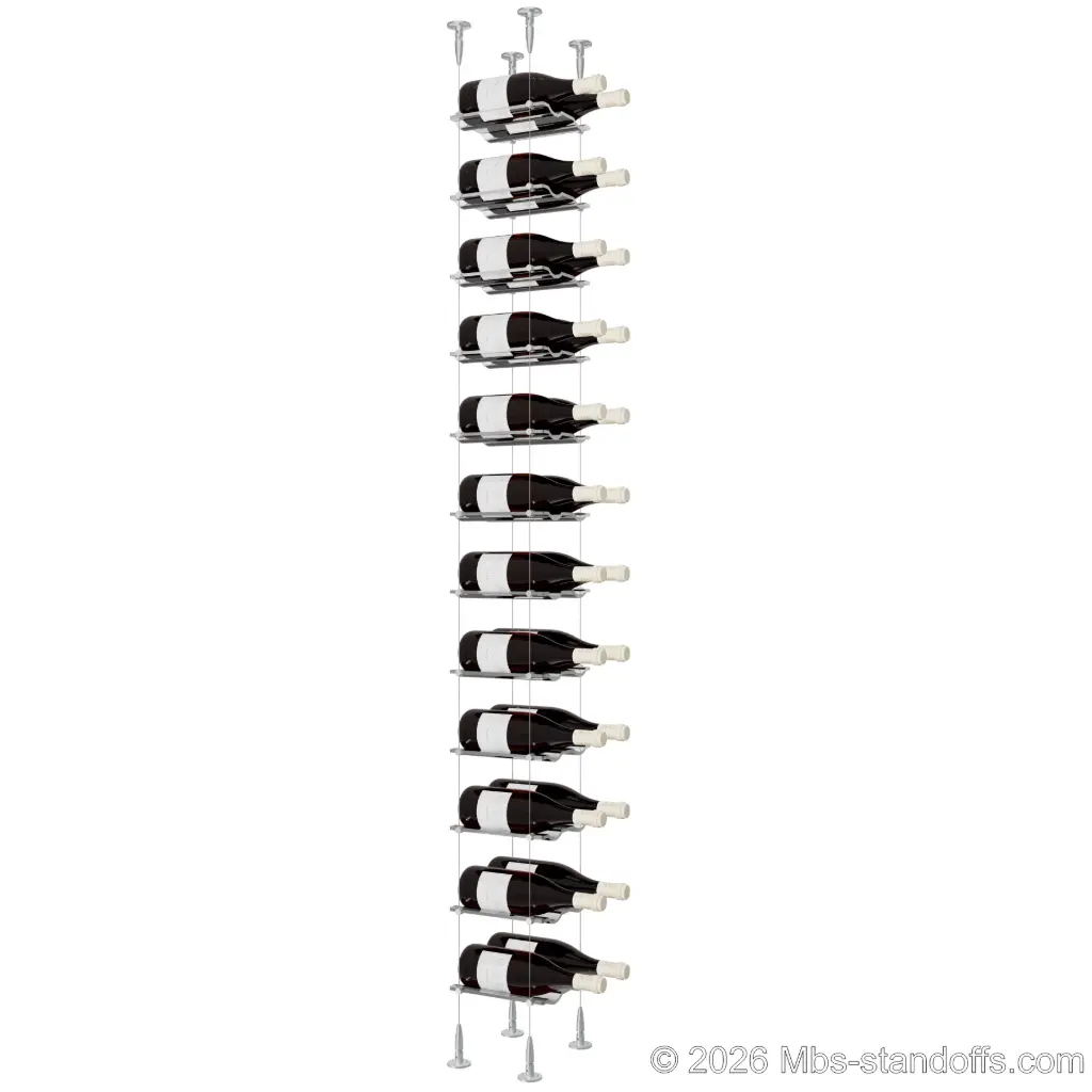 Viognier - Condrieu Collection Bottle Display Cable Cradle Kit, 24-Bottle (2x12) Capacity, Floating Cable System, 2-Bottle Wave Acrylic Cradle, Cable: 1/16″ Diameter, 13′-1″ Length with Clear Anodized Hanger