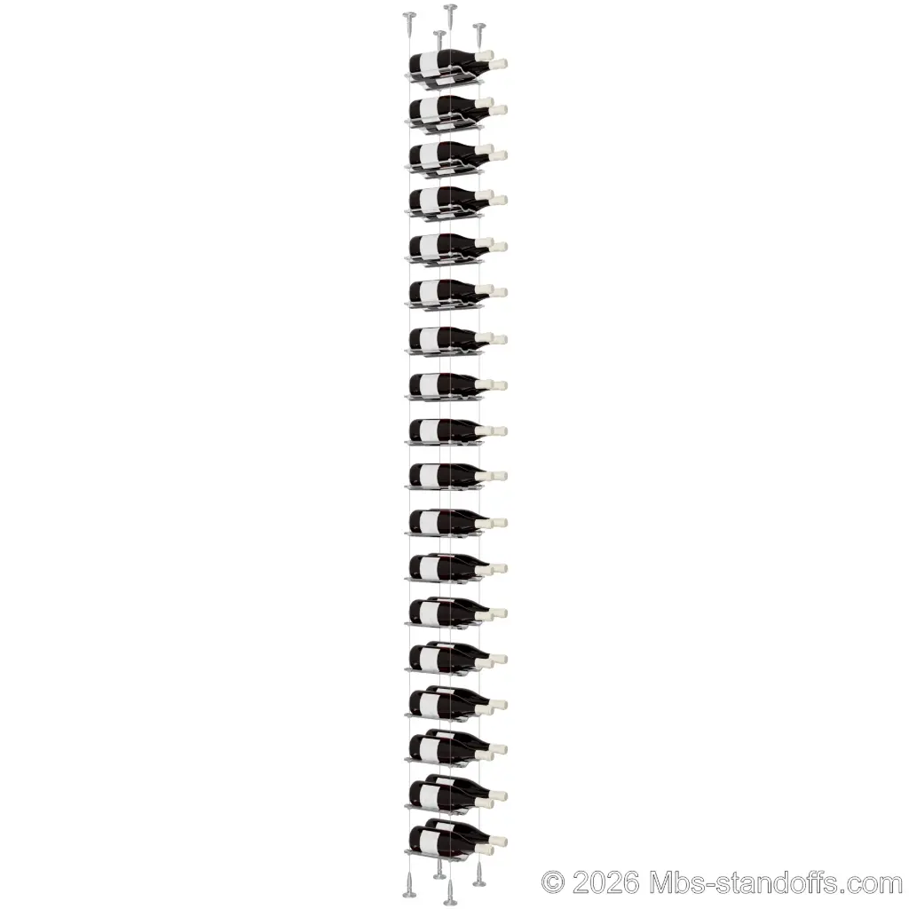 Viognier - Condrieu Collection Bottle Display Cable Cradle Kit, 36-Bottle (2x18) Capacity, Floating Cable System, 2-Bottle Wave Acrylic Cradle, Cable: 1/16″ Diameter, 13′-1″ Length with Clear Anodized Hanger