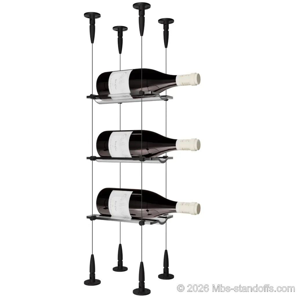 Viognier - Condrieu Collection Bottle Display Cable Cradle Kit, 3-Bottle Capacity, Floating Cable System, 1-Bottle Wave Acrylic Cradle, Cable: 1/16″ Diameter, 13′-1″ Length with Matte Black Anodized Hanger