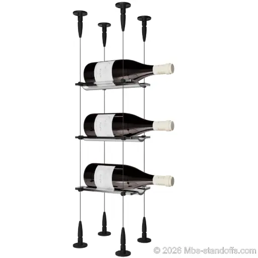 [SCS15MB-CW01-K3] Viognier - Condrieu Collection Bottle Display Cable Cradle Kit, 3-Bottle Capacity, Floating Cable System, 1-Bottle Wave Acrylic Cradle, Cable: 1/16″ Diameter, 13′-1″ Length with Matte Black Anodized Hanger