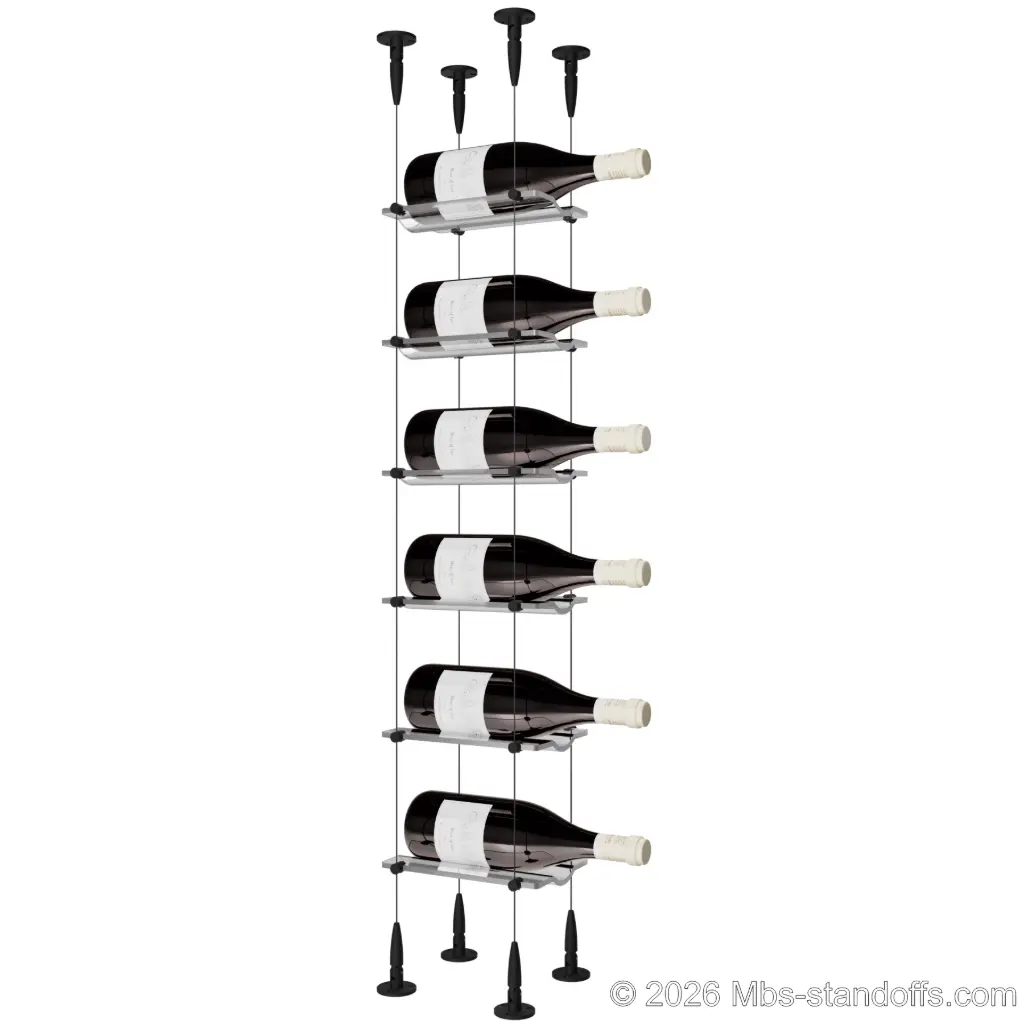 Viognier - Condrieu Collection Bottle Display Cable Cradle Kit, 6-Bottle Capacity, Floating Cable System, 1-Bottle Wave Acrylic Cradle, Cable: 1/16″ Diameter, 13′-1″ Length with Matte Black Anodized Hanger
