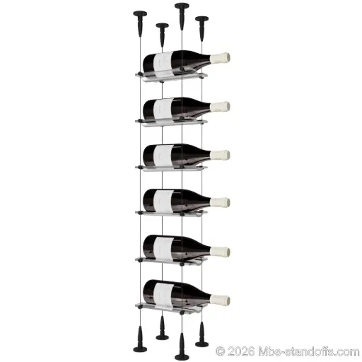[SCS15MB-CW01-K6] Viognier - Condrieu Collection Bottle Display Cable Cradle Kit, 6-Bottle Capacity, Floating Cable System, 1-Bottle Wave Acrylic Cradle, Cable: 1/16″ Diameter, 13′-1″ Length with Matte Black Anodized Hanger