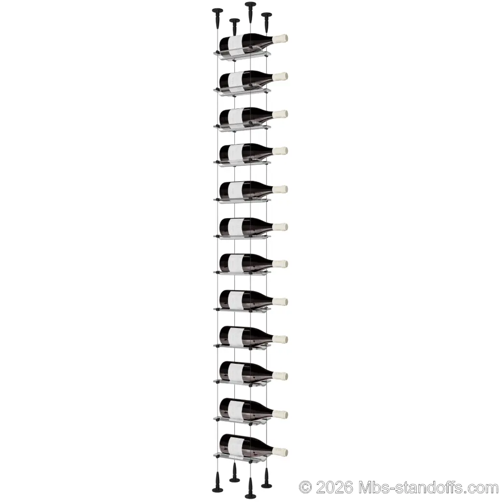 Viognier - Condrieu Collection Bottle Display Cable Cradle Kit, 12-Bottle Capacity, Floating Cable System, 1-Bottle Wave Acrylic Cradle, Cable: 1/16″ Diameter, 13′-1″ Length with Matte Black Anodized Hanger