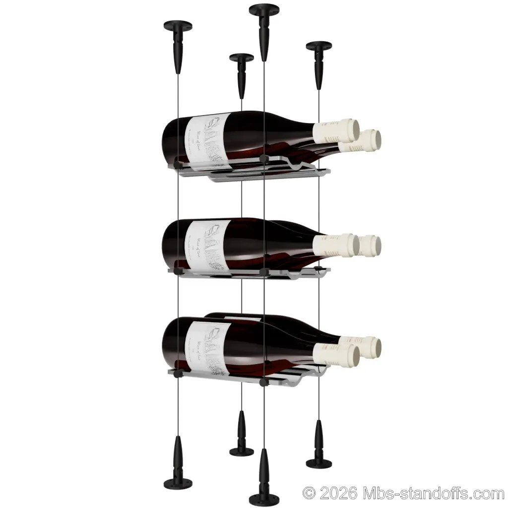 Viognier - Condrieu Collection Bottle Display Cable Cradle Kit, 6-Bottle (2x3) Capacity, Floating Cable System, 2-Bottle Wave Acrylic Cradle, Cable: 1/16″ Diameter, 13′-1″ Length with Matte Black Anodized Hanger