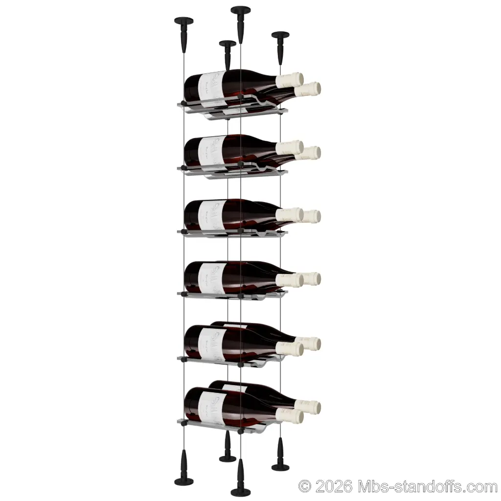 Viognier - Condrieu Collection Bottle Display Cable Cradle Kit, 12-Bottle (2x6) Capacity, Floating Cable System, 2-Bottle Wave Acrylic Cradle, Cable: 1/16″ Diameter, 13′-1″ Length with Matte Black Anodized Hanger