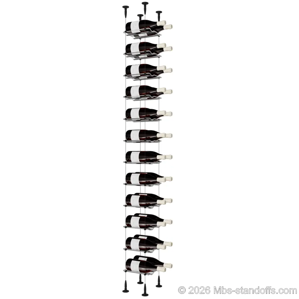 Viognier - Condrieu Collection Bottle Display Cable Cradle Kit, 24-Bottle (2x12) Capacity, Floating Cable System, 2-Bottle Wave Acrylic Cradle, Cable: 1/16″ Diameter, 13′-1″ Length with Matte Black Anodized Hanger