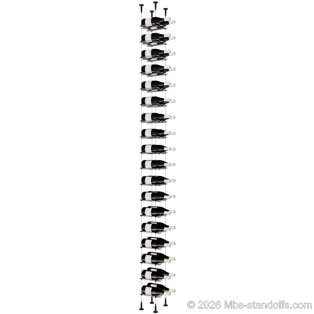 Viognier - Condrieu Collection Bottle Display Cable Cradle Kit, 36-Bottle (2x18) Capacity, Floating Cable System, 2-Bottle Wave Acrylic Cradle, Cable: 1/16″ Diameter, 13′-1″ Length with Matte Black Anodized Hanger