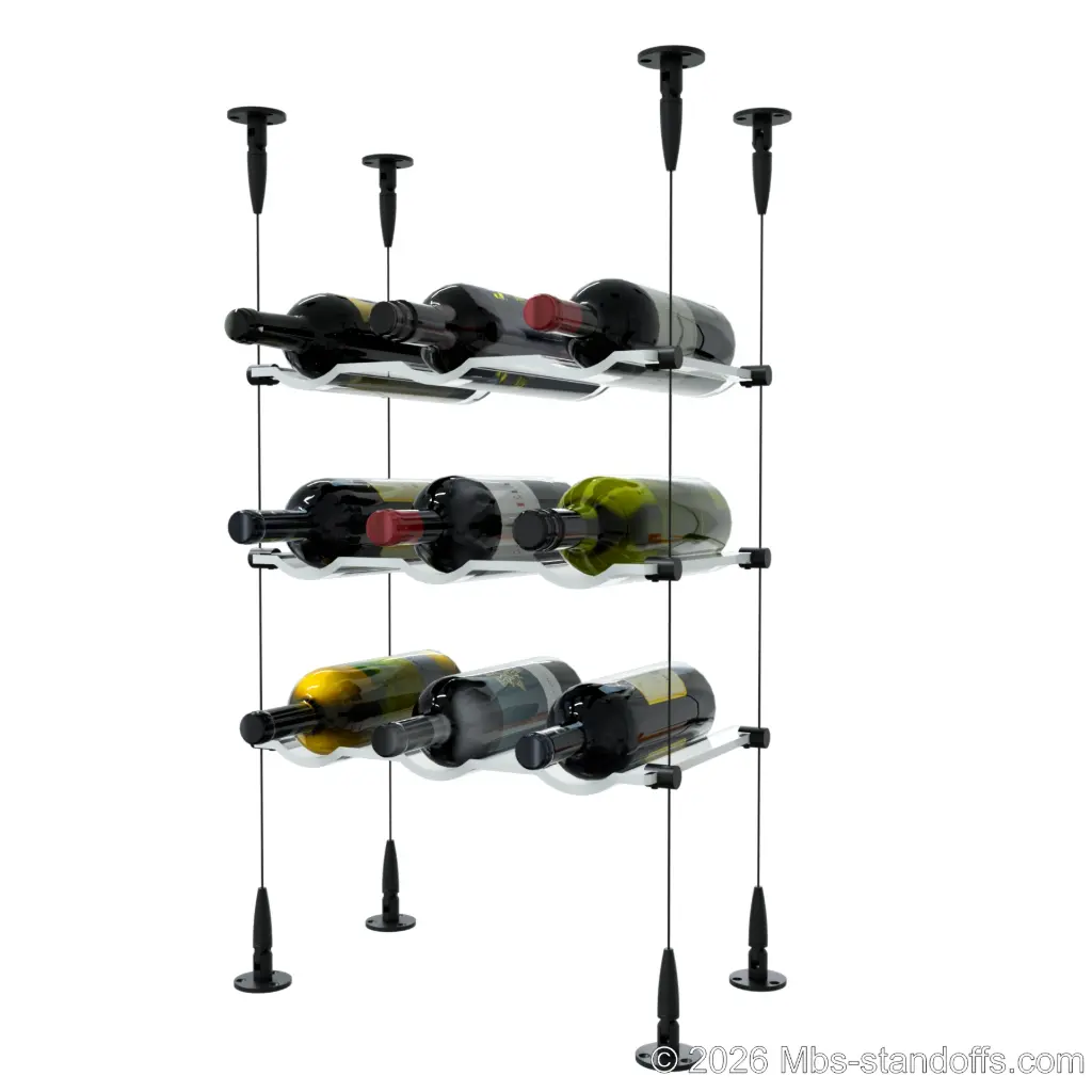 Viognier - Condrieu Collection Bottle Display Cable Cradle Kit, 9-Bottle (3x3) Capacity, Floating Cable System, 3-Bottle Wave Acrylic Cradle, Cable: 1/16″ Diameter, 13′-1″ Length with Matte Black Anodized Hanger