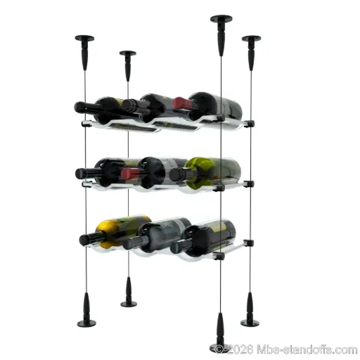 [SCS15MB-CW03-K3] Viognier - Condrieu Collection Bottle Display Cable Cradle Kit, 9-Bottle (3x3) Capacity, Floating Cable System, 3-Bottle Wave Acrylic Cradle, Cable: 1/16″ Diameter, 13′-1″ Length with Matte Black Anodized Hanger