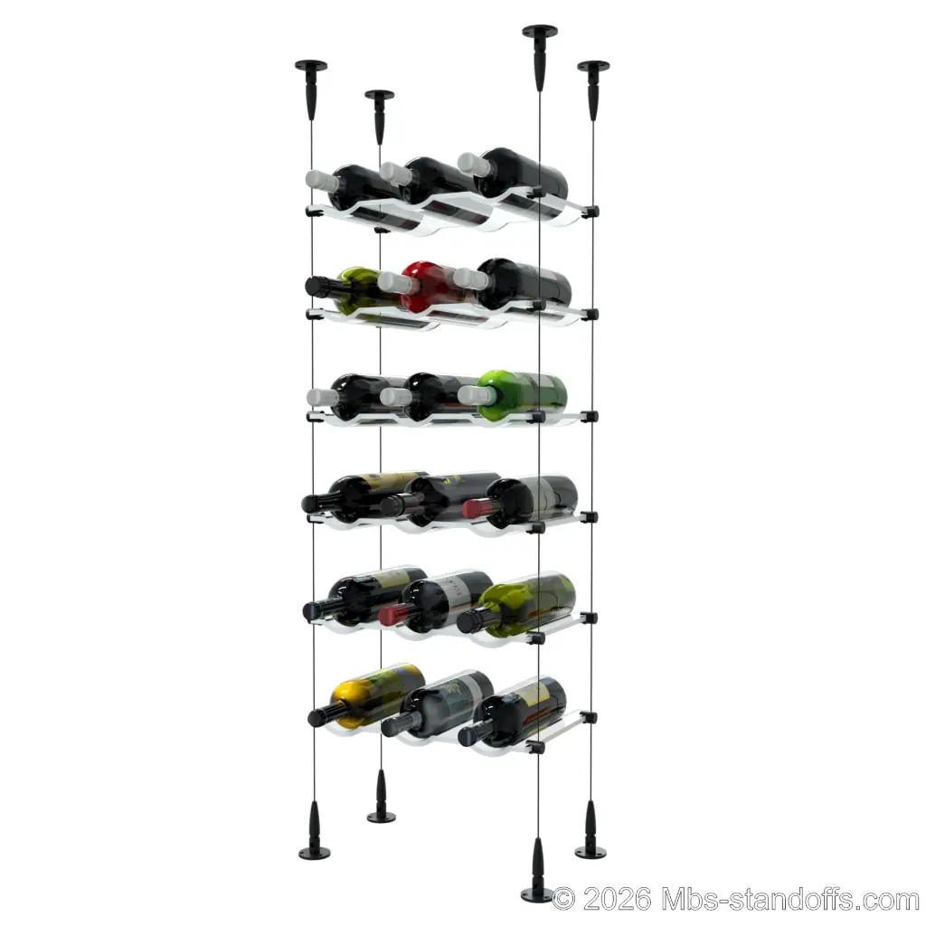Viognier - Condrieu Collection Bottle Display Cable Cradle Kit, 18-Bottle (3x6) Capacity, Floating Cable System, 3-Bottle Wave Acrylic Cradle, Cable: 1/16″ Diameter, 13′-1″ Length with Matte Black Anodized Hanger